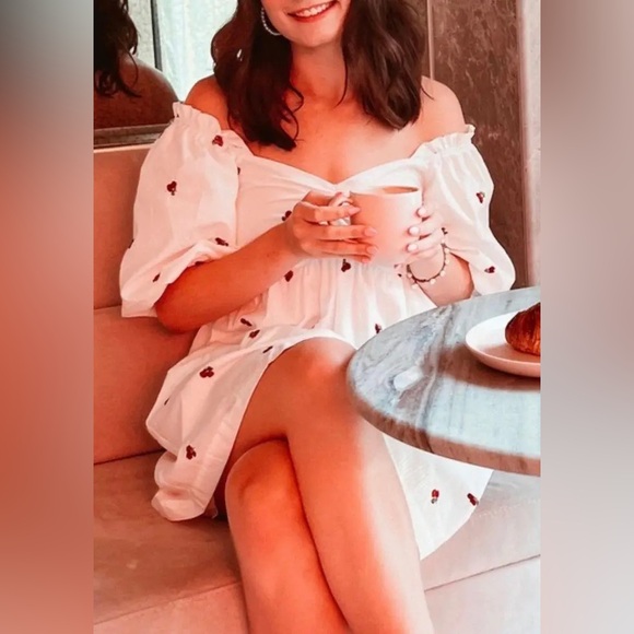 Altar'd State Cherry Embroidery White Mini Puff Sleeves Babydoll Dress - Picture 4 of 9